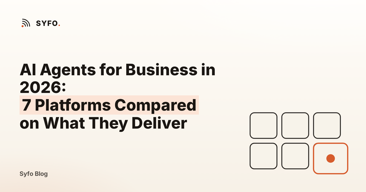 The image is a title slide for the blog post "AI Agents for Business in 2026: 7 Platforms Compared on What They Deliver" from the Syfo Blog. It features the Syfo logo in the top left corner, with the main title in black and the word "7 Platforms Compared" highlighted in orange. On the right side, there are six square placeholders arranged in two rows of three, with the bottom right square highlighted in orange and containing a red dot.