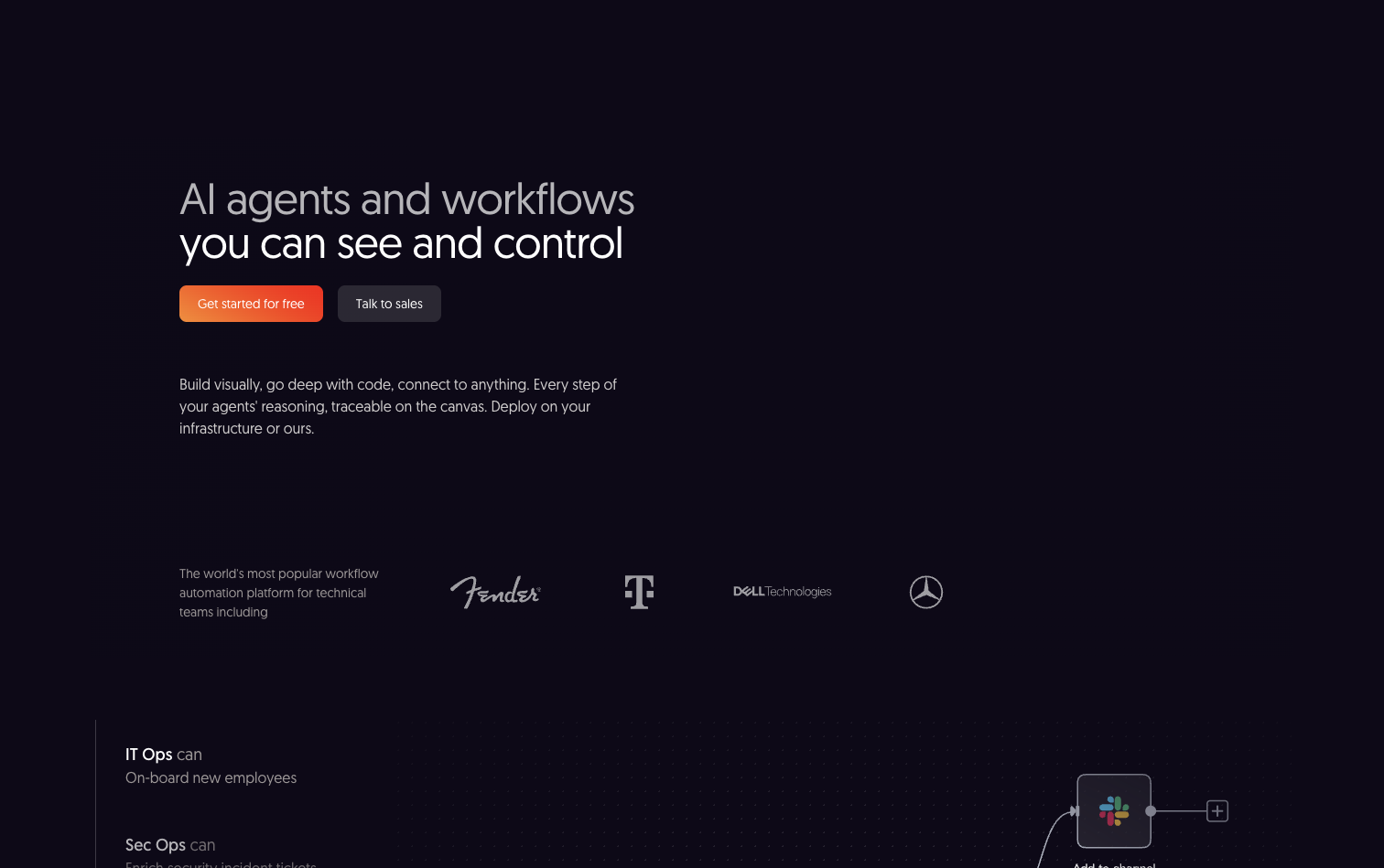 The image presents an AI workflow automation platform with AI agents and workflows that can be seen and controlled. It features a dark background with white text stating "AI agents and workflows you can see and control". There are two buttons: "Get started for free" in orange and "Talk to sales" in gray. Below, a description mentions building visually, going deep with code, connecting to anything, and tracing agent reasoning on the canvas. At the bottom, logos of Fender, T-Mobile, DHL Technologies, and Mercedes-Benz are displayed, along with sections for IT Ops and Sec Ops.