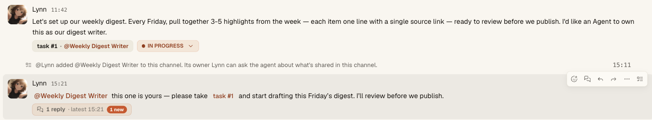 A named Syfo Task handoff to Weekly Digest Writer with the Task shown in progress